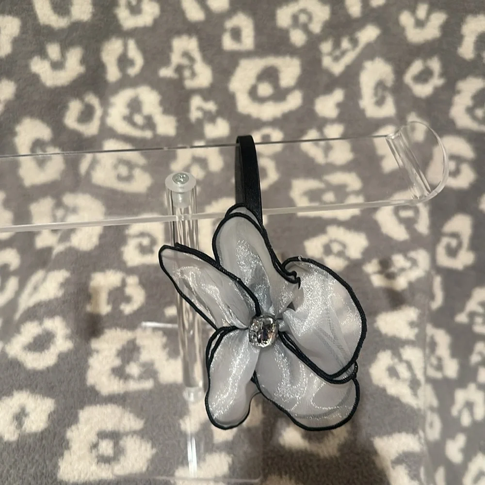 Tasha Black Band with Elegant Sheer White Flower with Clear Rhinestone Headband - Picture 5 of 17